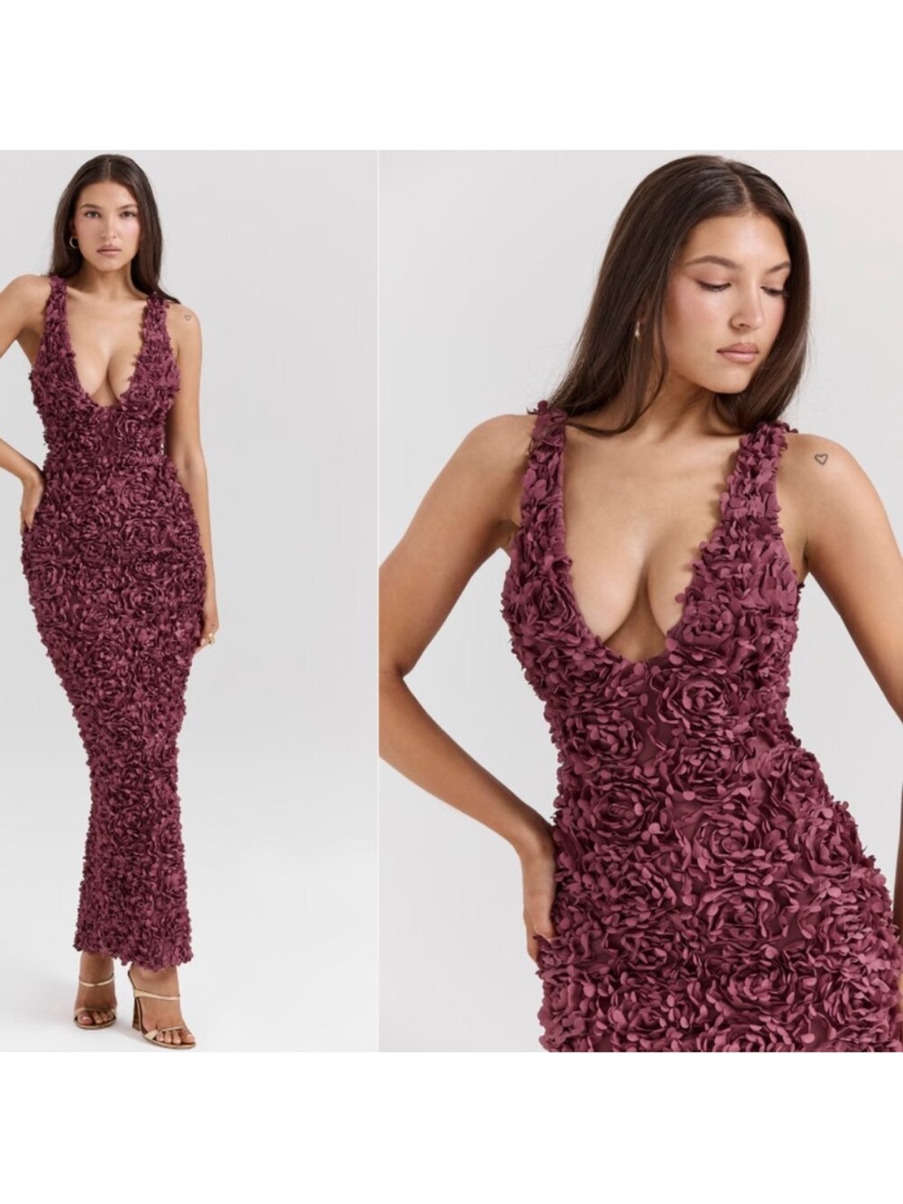 House of CB “Carena” plunge neck floral appliqué dress